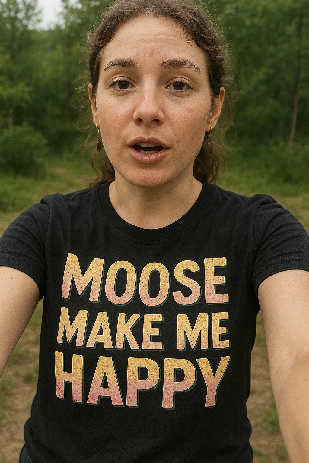 "Moose Make Me Happy" black nature walk t shirt, photographed as nature walk lover gift
