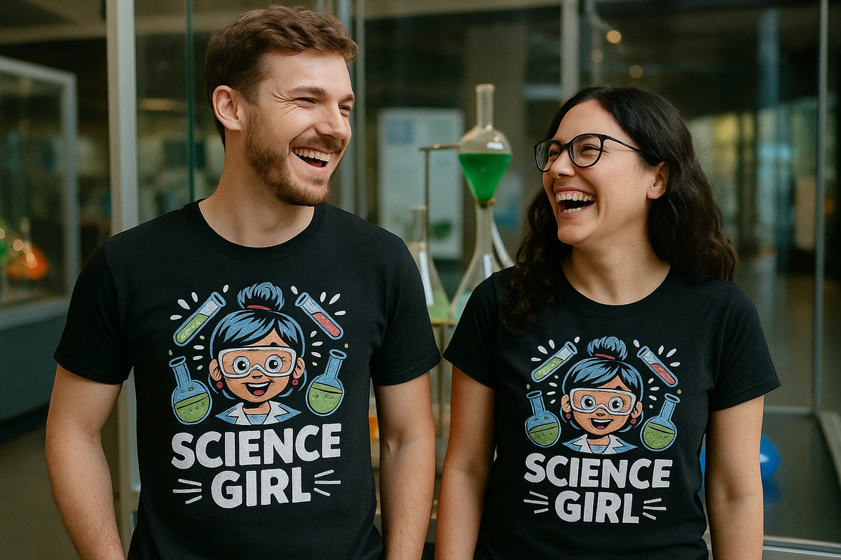 Person wearing the black chemistry t shirt graphic tee - "Science Girl" design