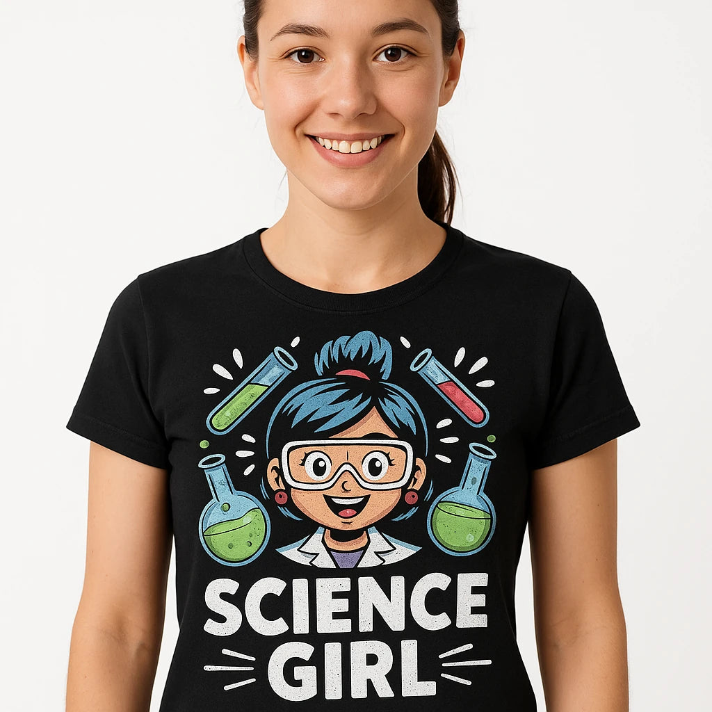Close-up of the "Science Girl" gray print on a premium Bella+Canvas black chemistry t shirt