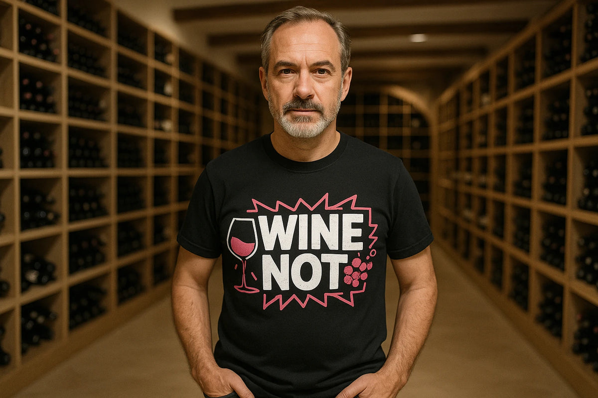 Lifestyle shot of the "Wine Not" black wine t shirt in a real-world setting