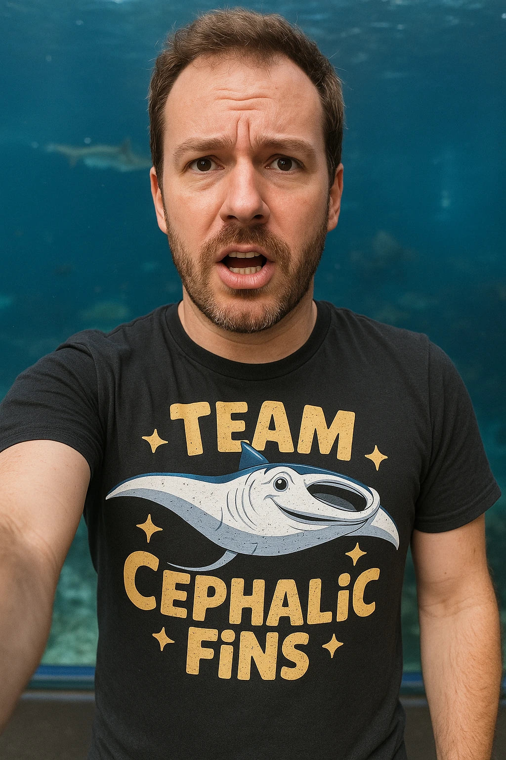 "Team Cephalic Fins" black manta ray shirts, photographed as manta ray lover gift