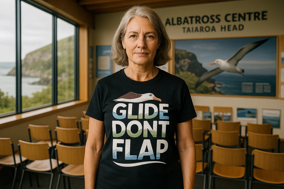 Lifestyle shot of the "Glide Dont Flap" black albatross t shirt in a real-world setting