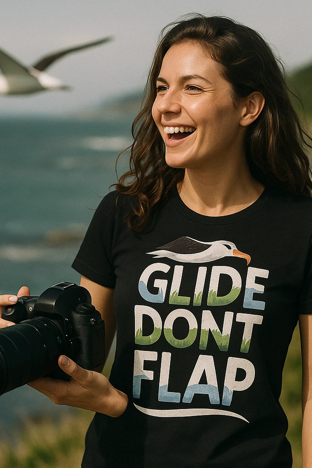 "Glide Dont Flap" black albatross t shirt, photographed as albatross lover gift