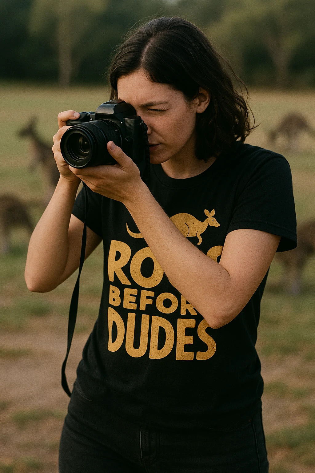"Roos Before Dudes" black kangaroo pocket t shirt - also a kangaroo shirt for dad