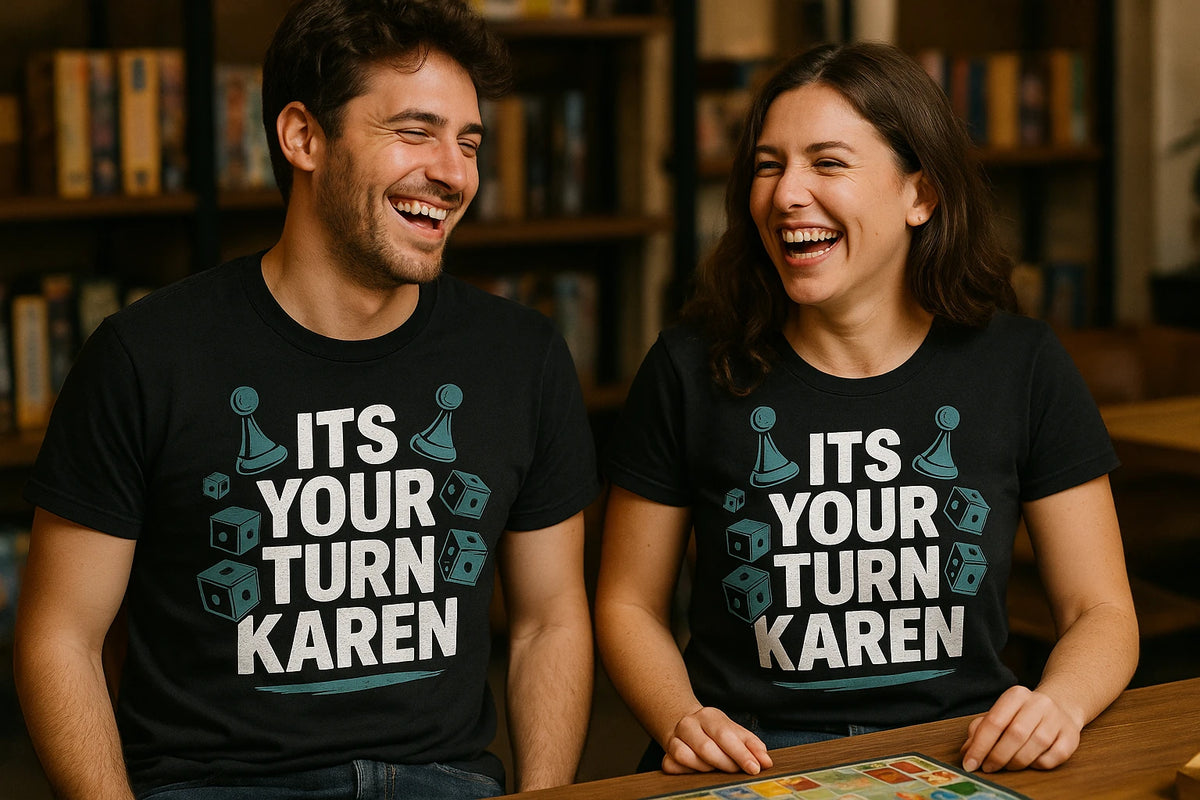 Person wearing the black board game tee graphic tee - "Its Your Turn Karen" design
