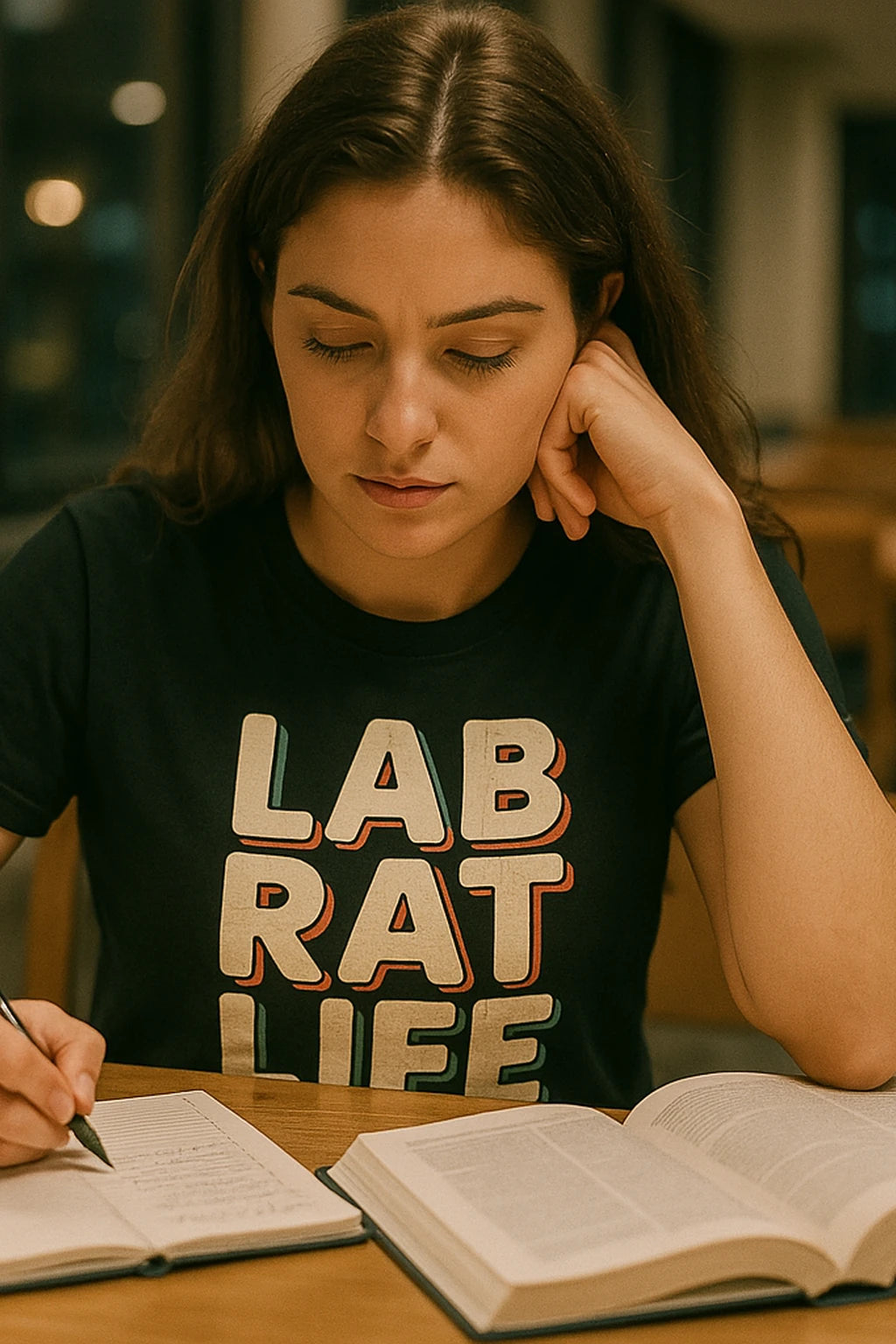 "Lab Rat Life" black studying t shirt, photographed as studying lover gift