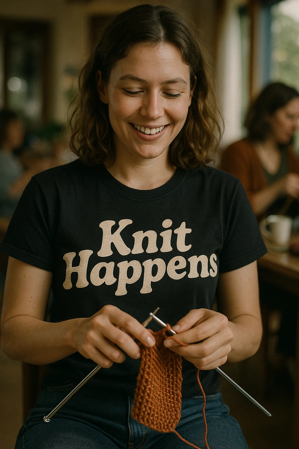 "Knit Happens" black knitted t shirt womens, photographed as gifts for knitting lovers