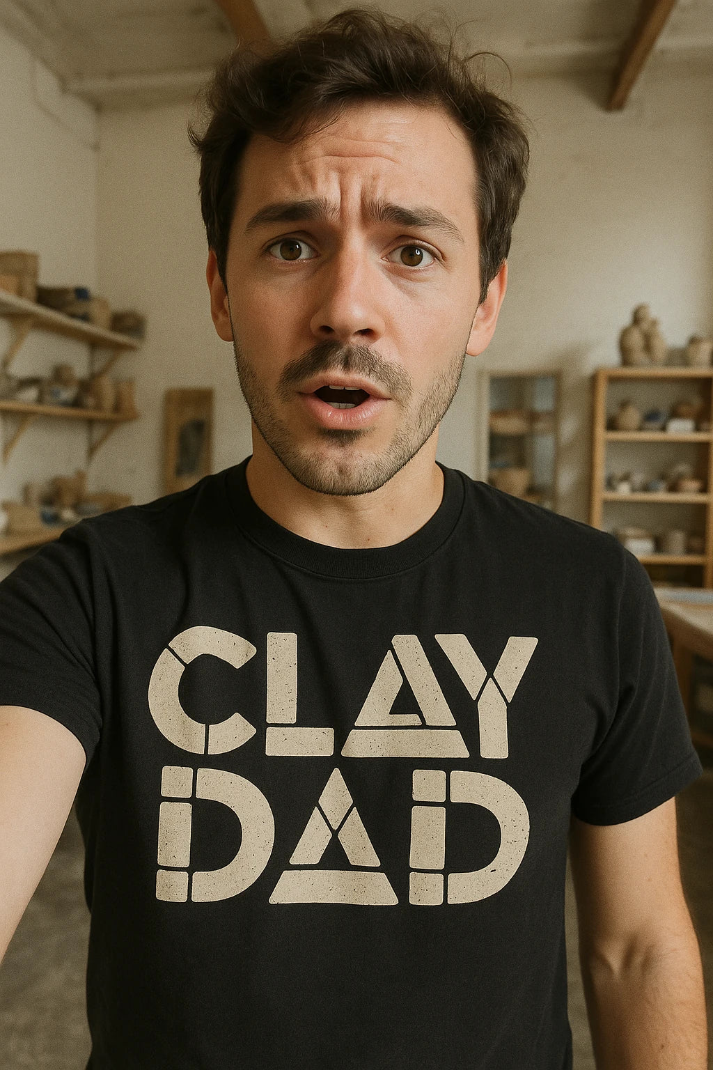 "Clay Dad" black body sculpting t shirt, photographed as sculpting lover gift