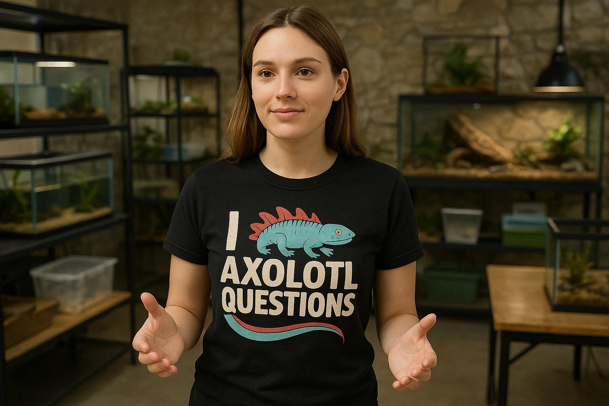 Lifestyle shot of the "I Axolotl Questions" black newt t shirt in a real-world setting