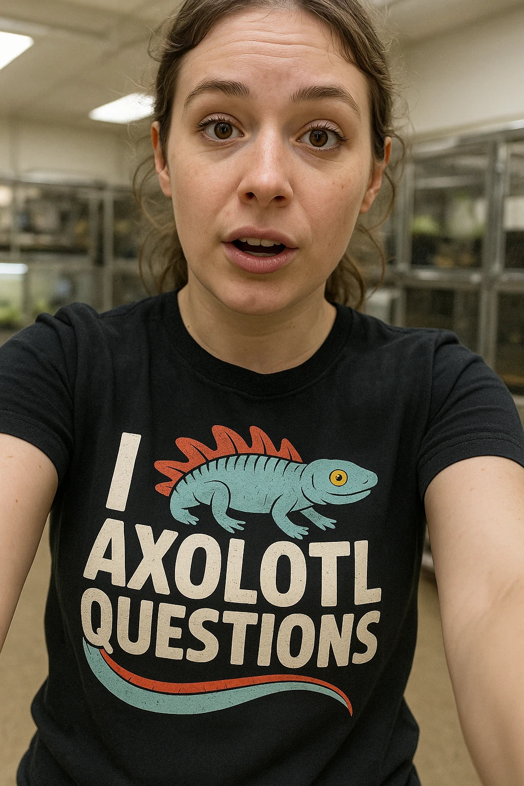 "I Axolotl Questions" black newt t shirt, photographed as newt lover gift