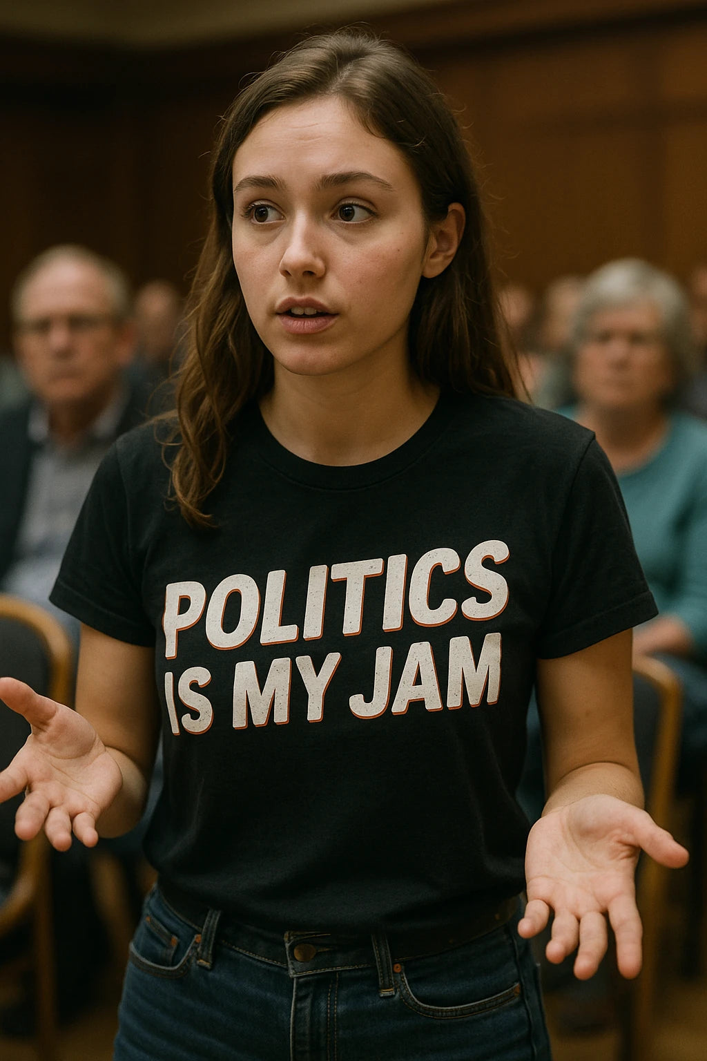 "Politics Is My Jam" black politics t shirt, photographed as gifts for politics lovers