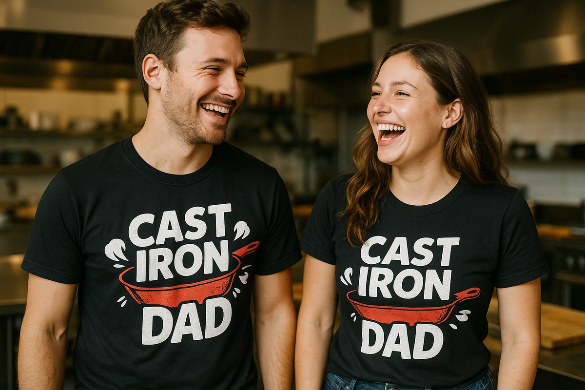 Person wearing the black cooking t shirts funny graphic tee - "Cast Iron Dad" design