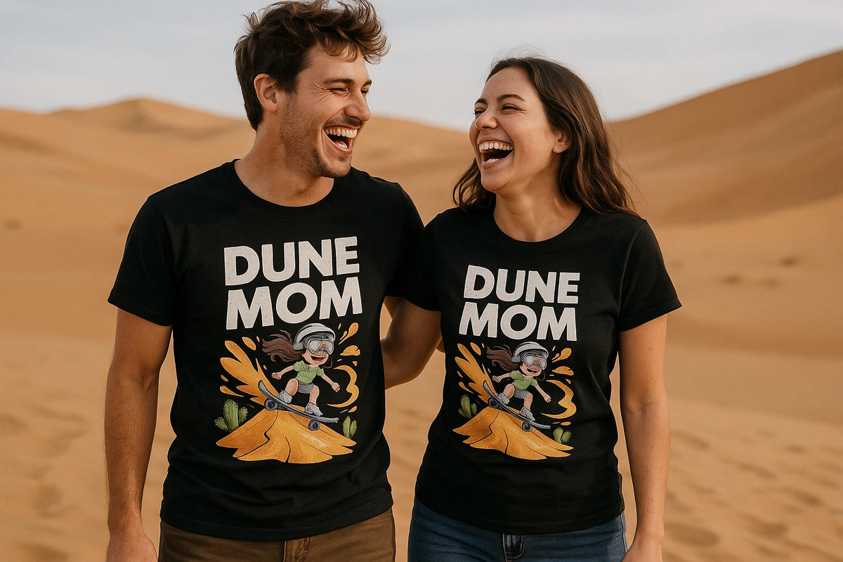 Person wearing the black sandboarding t shirt graphic tee - "Dune Mom" design