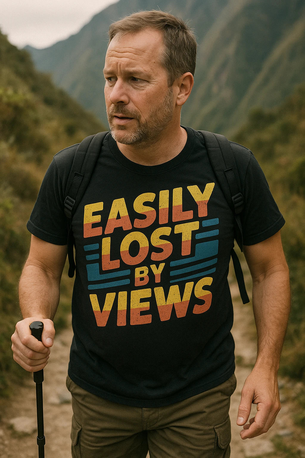 "Easily Lost By Views" black trekking shirts women's, photographed as gifts for trekking lovers