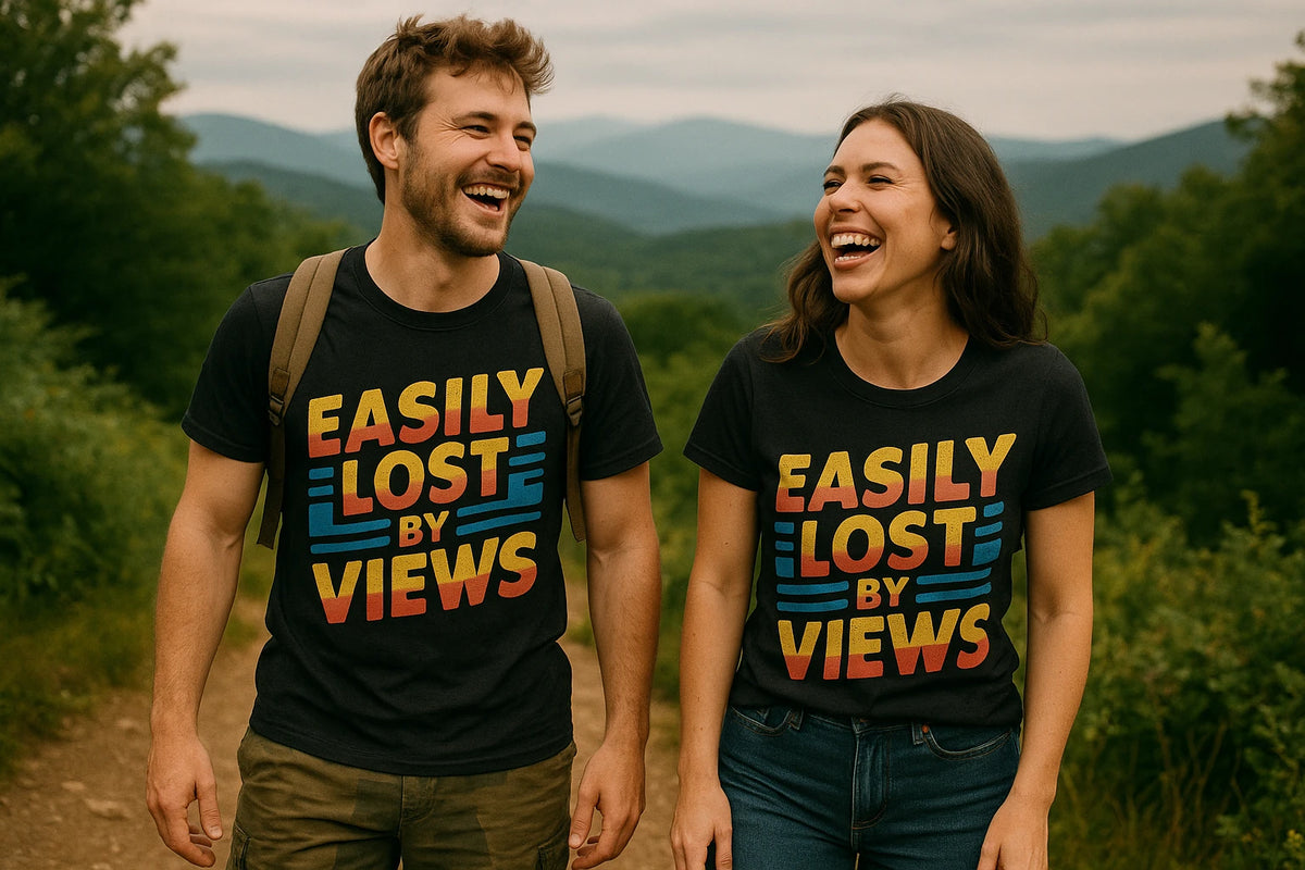 Person wearing the black trekking shirts women's graphic tee - "Easily Lost By Views" design