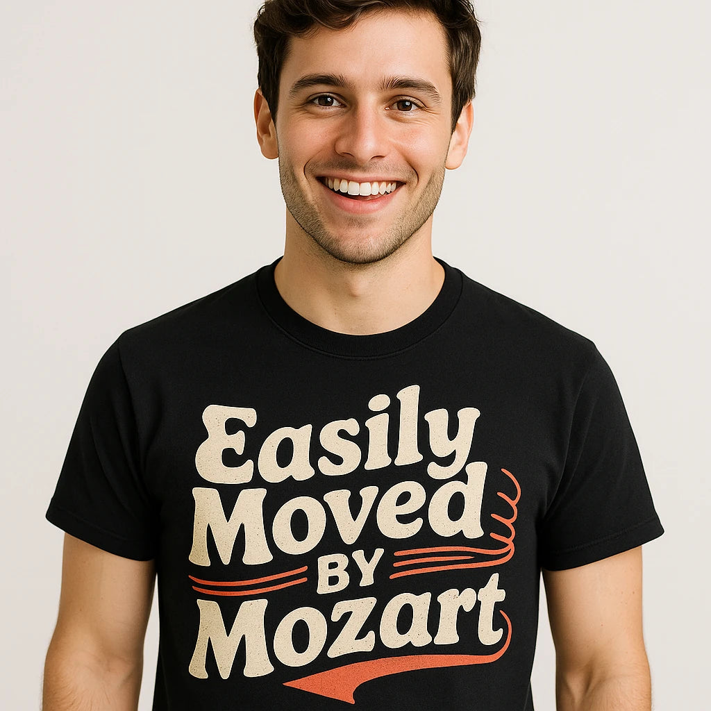 Close-up of the "Easily Moved By Mozart" cream print on a premium Bella+Canvas black classical music shirts