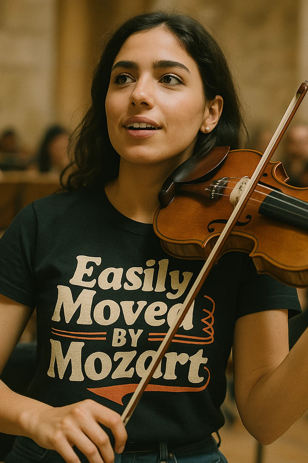 "Easily Moved By Mozart" black classical music shirts, photographed as gift for classical music lover