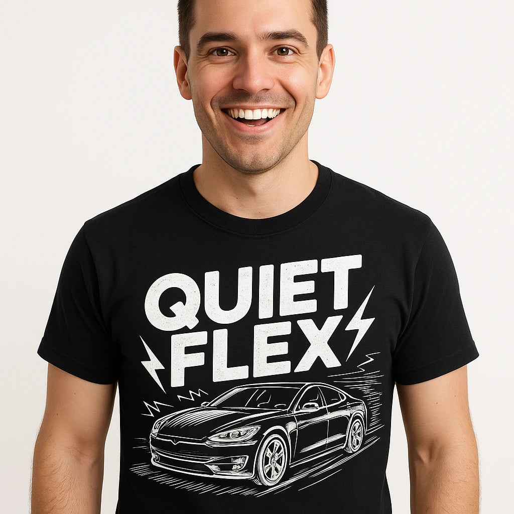 Close-up of the "Quiet Flex" white print on a premium Bella+Canvas black electric car shirts
