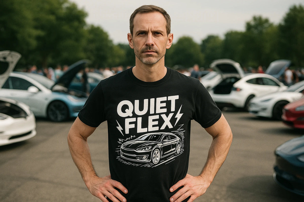 Lifestyle shot of the "Quiet Flex" black electric car shirts in a real-world setting