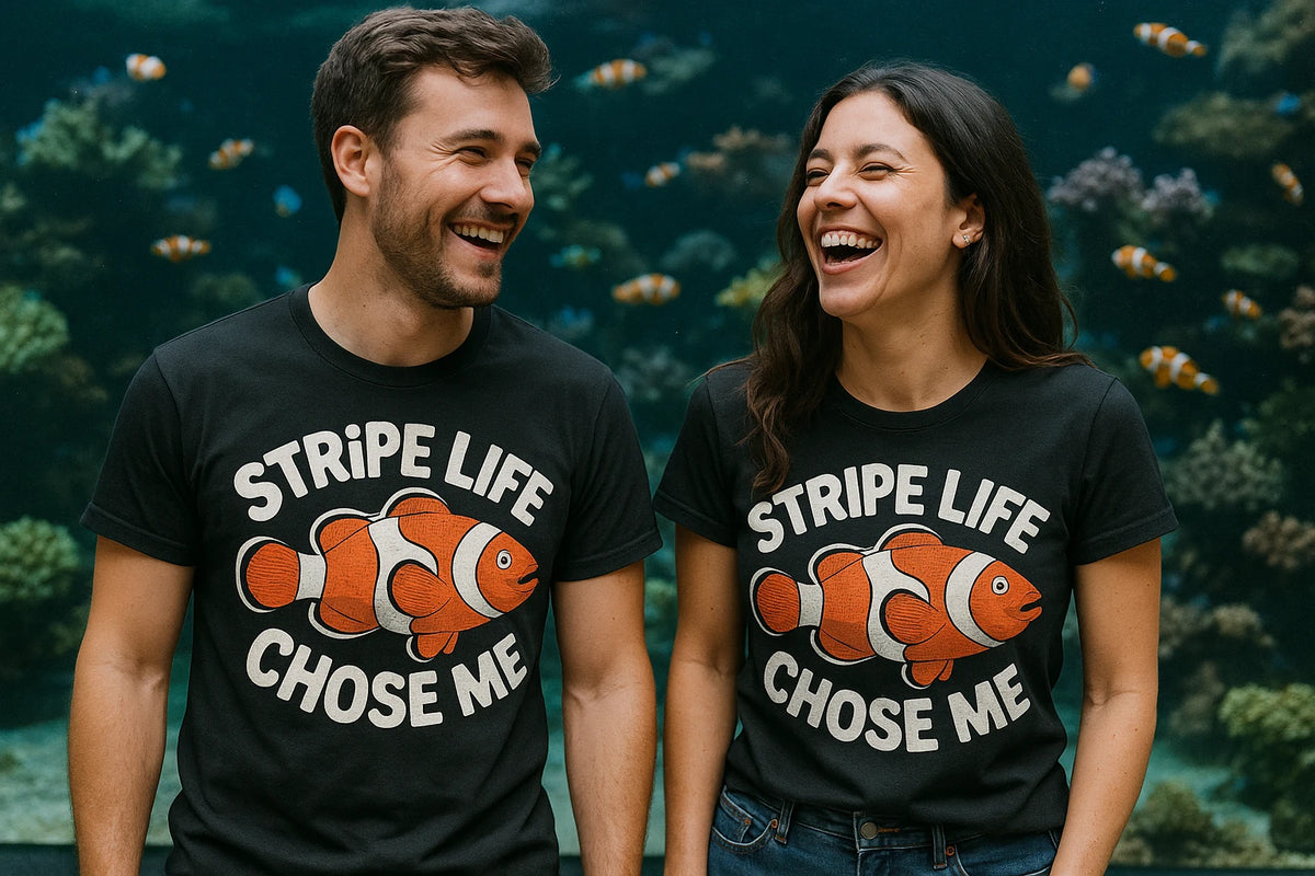 Person wearing the black clownfish t shirt graphic tee - "Stripe Life Chose Me" design