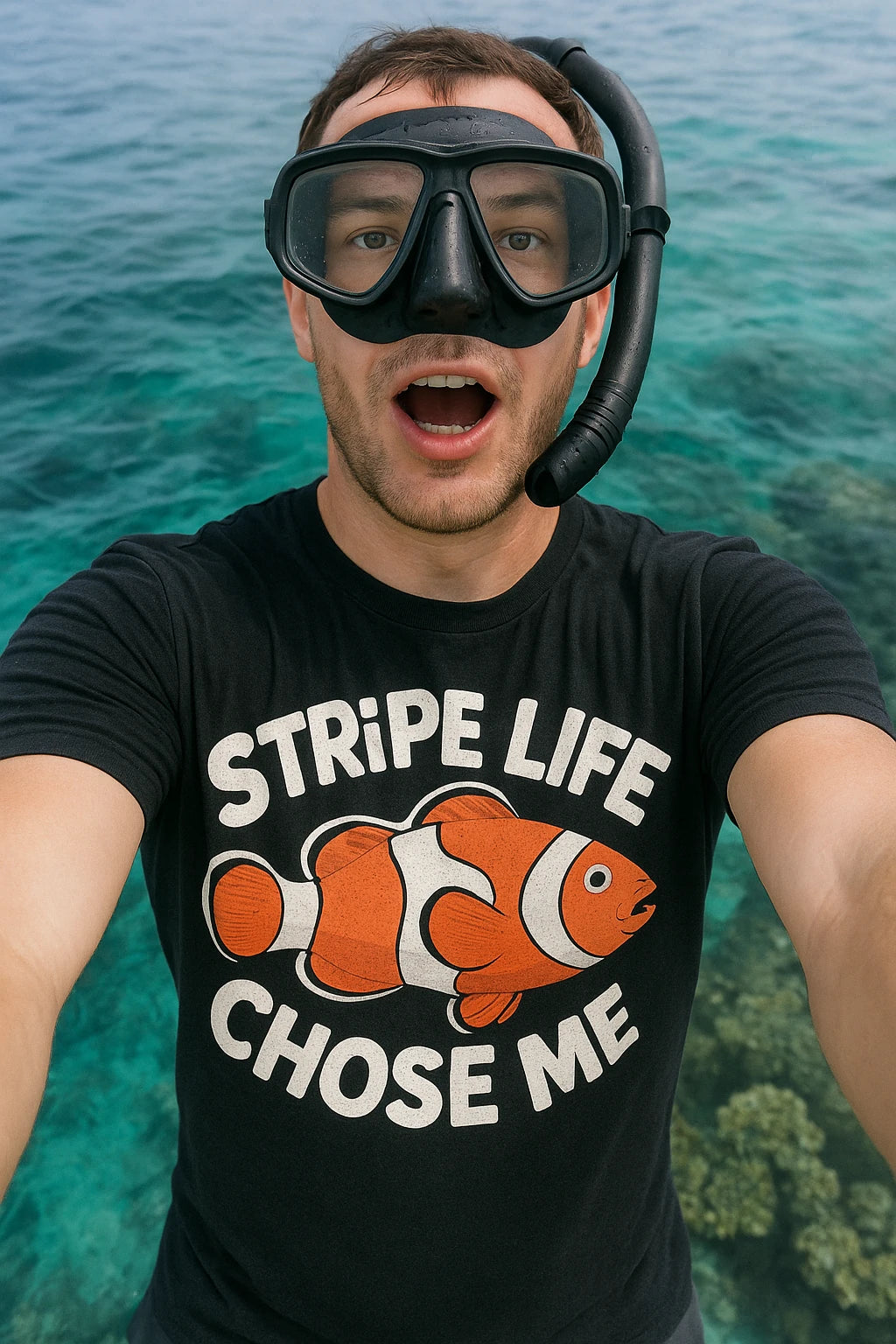 "Stripe Life Chose Me" black clownfish t shirt, photographed as clownfish lover gift