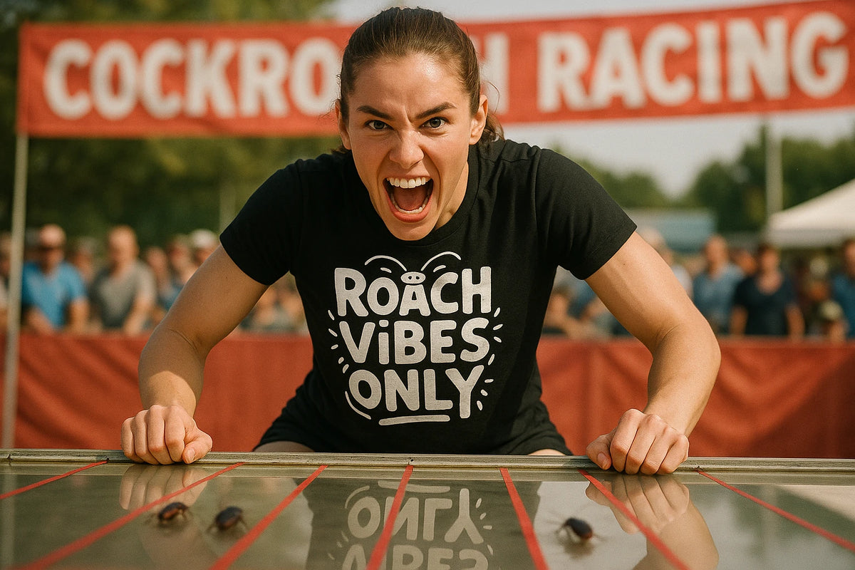 Lifestyle shot of the "Roach Vibes Only" black cockroaches t shirt in a real-world setting