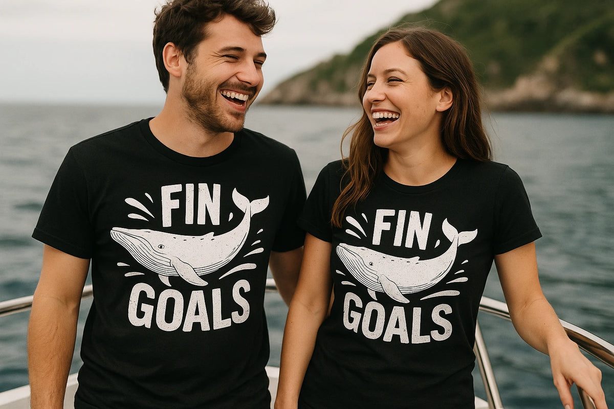 Person wearing the black killer whale t shirt graphic tee - "Fin Goals" design
