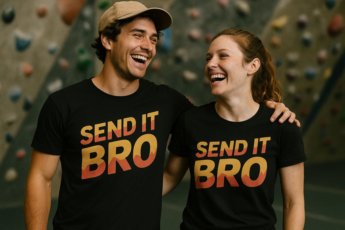 Person wearing the black rock climbing tees graphic tee - "Send It Bro" design