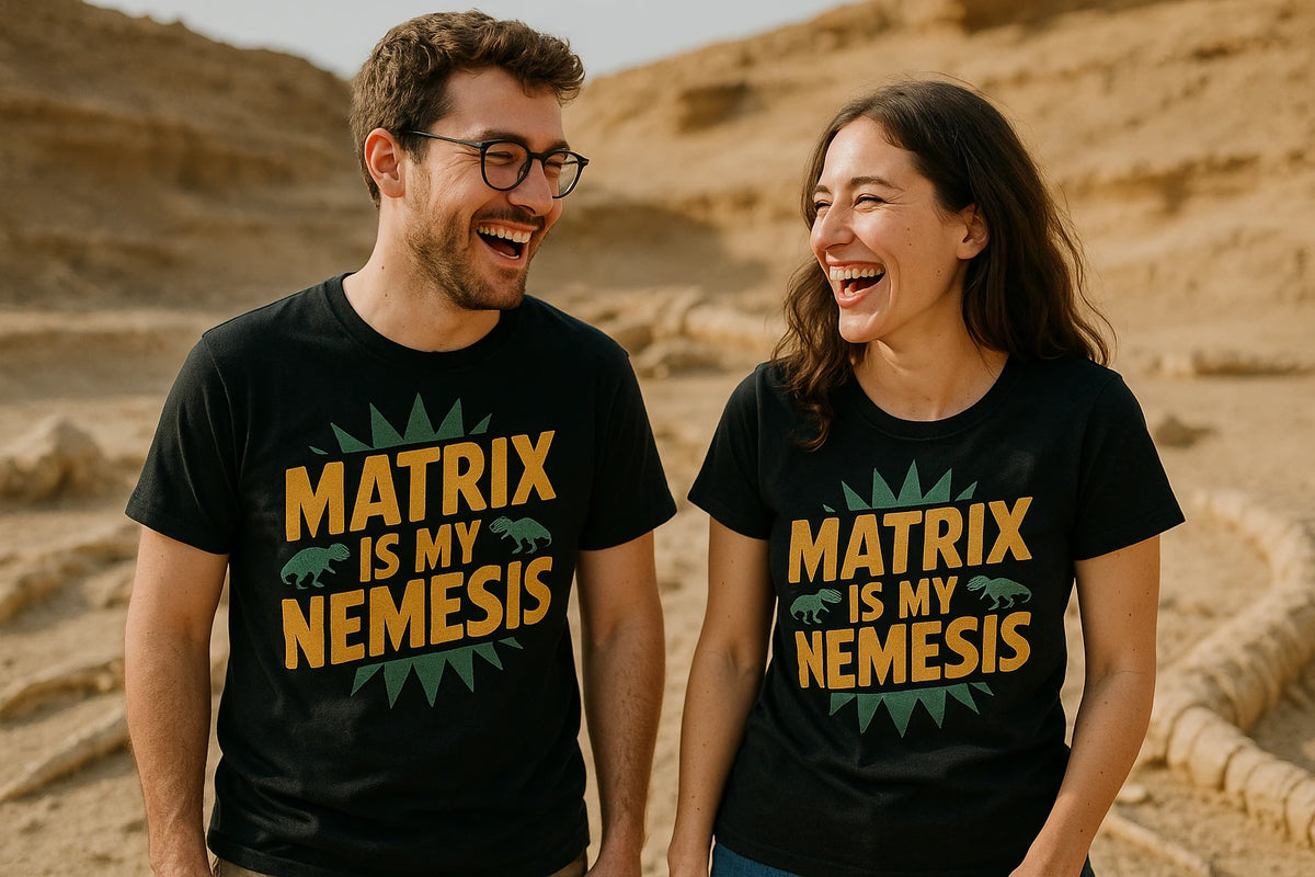 Person wearing the black paleontology shirts graphic tee - "Matrix Is My Nemesis" design