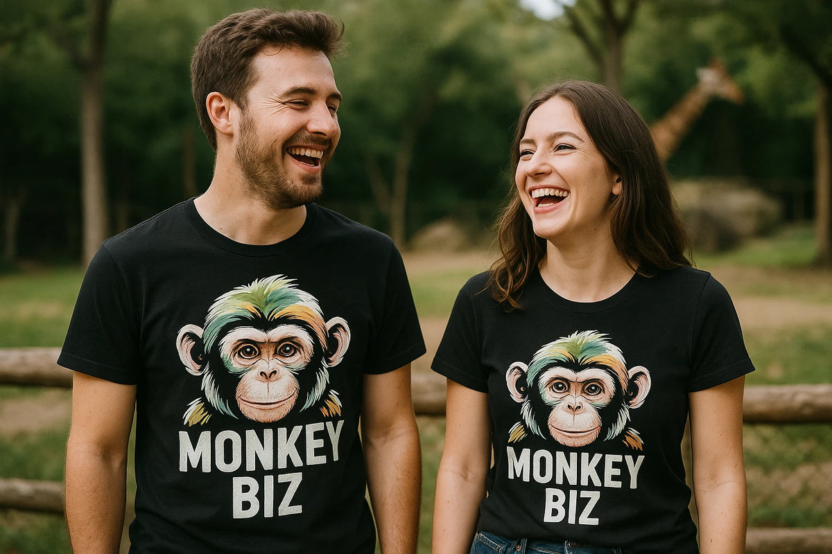 Person wearing the black zookeeper shirts graphic tee - "Monkey Biz" design