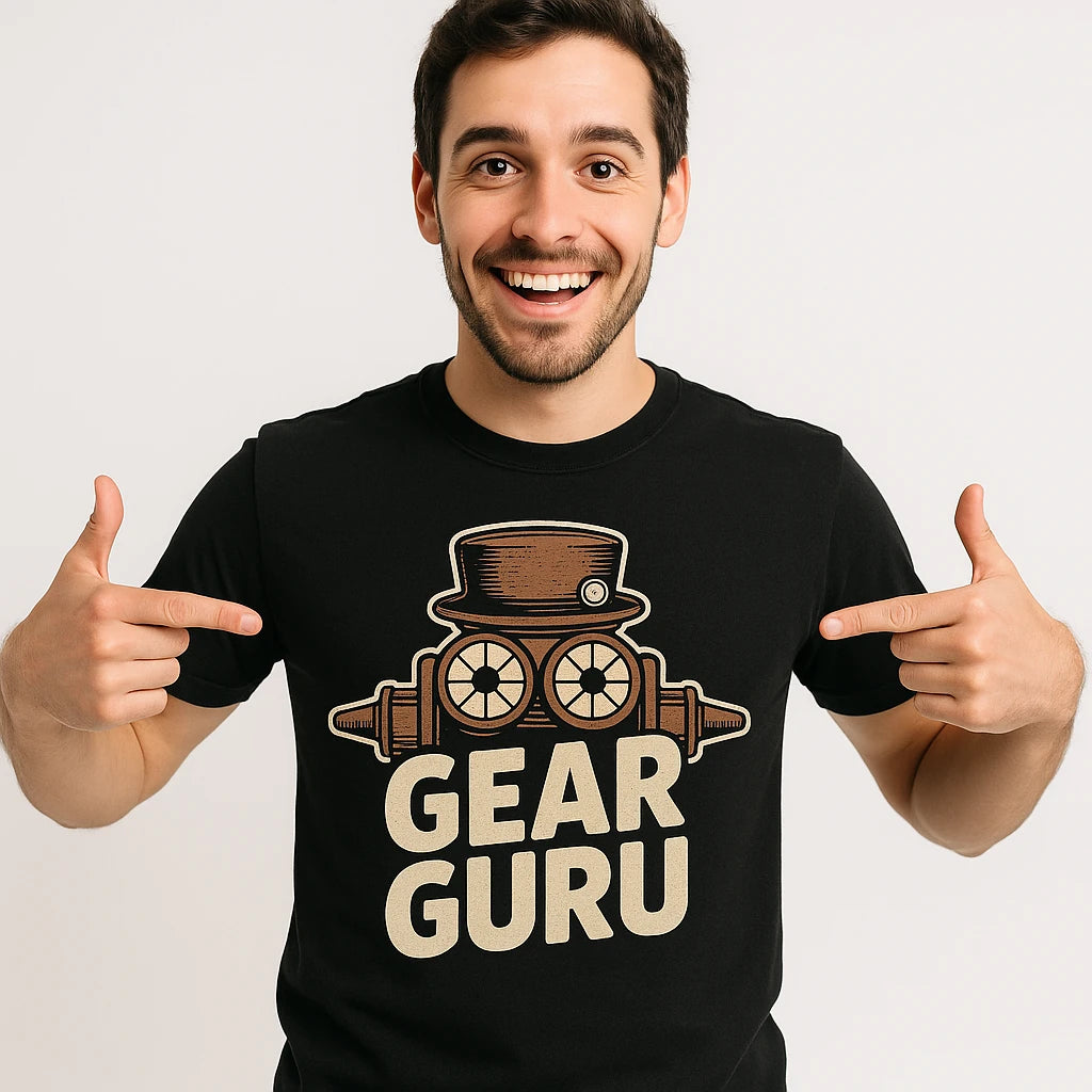 Close-up of the "Gear Guru" beige print on a premium Bella+Canvas black steampunk t shirt