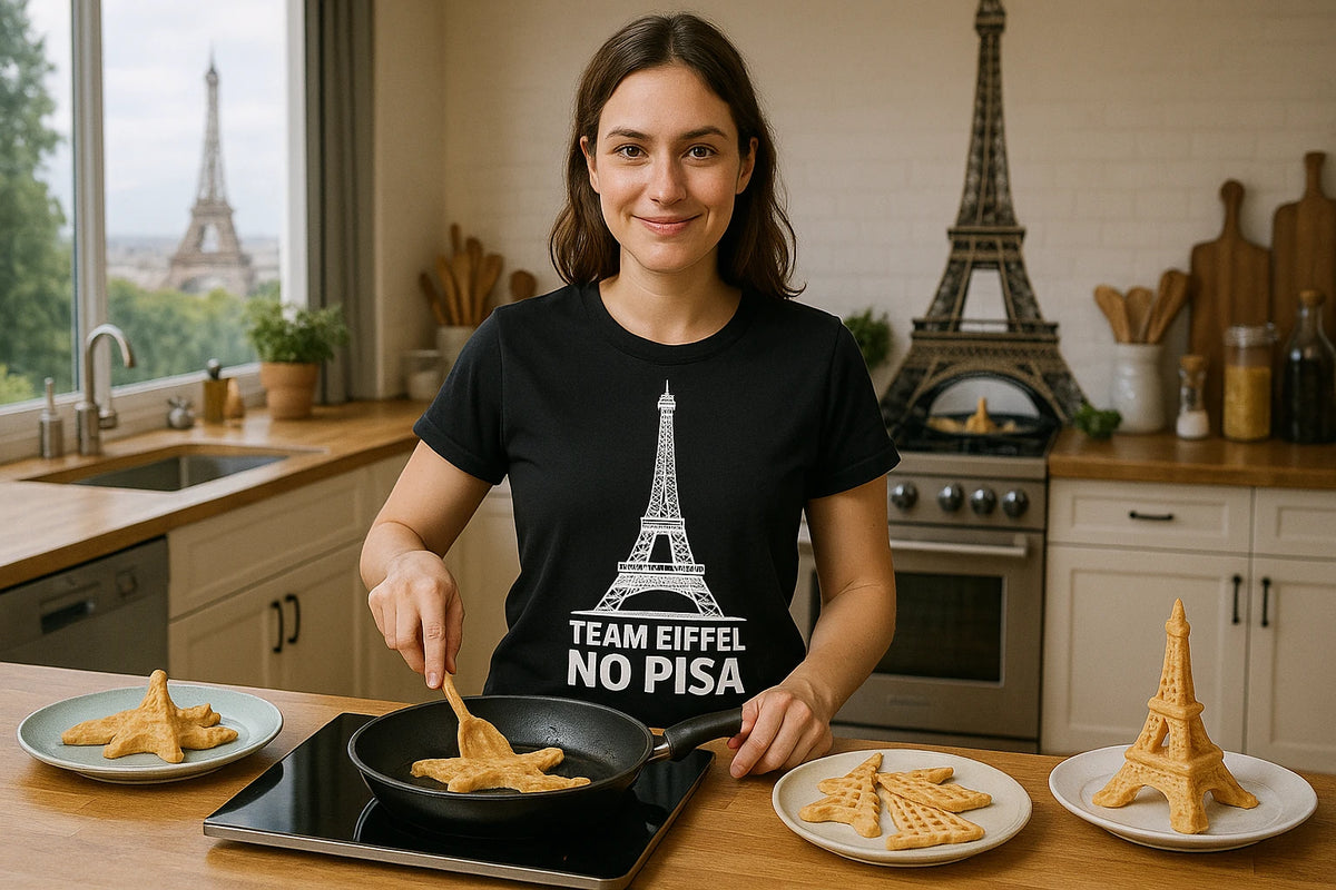 Lifestyle shot of the "Team Eiffel No Pisa" black the eiffel tower t shirt in a real-world setting