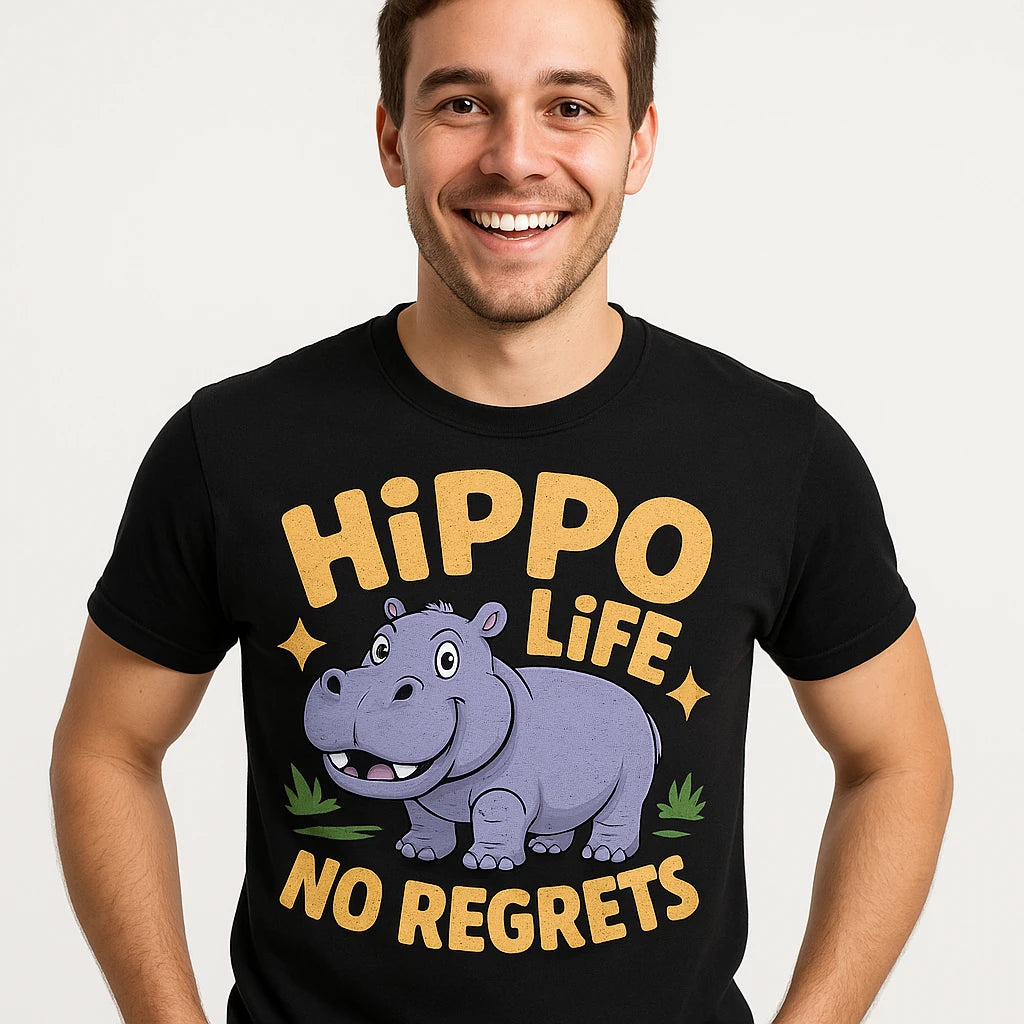 Close-up of the "Hippo Life No Regrets" gray print on a premium Bella+Canvas black hippo t shirt
