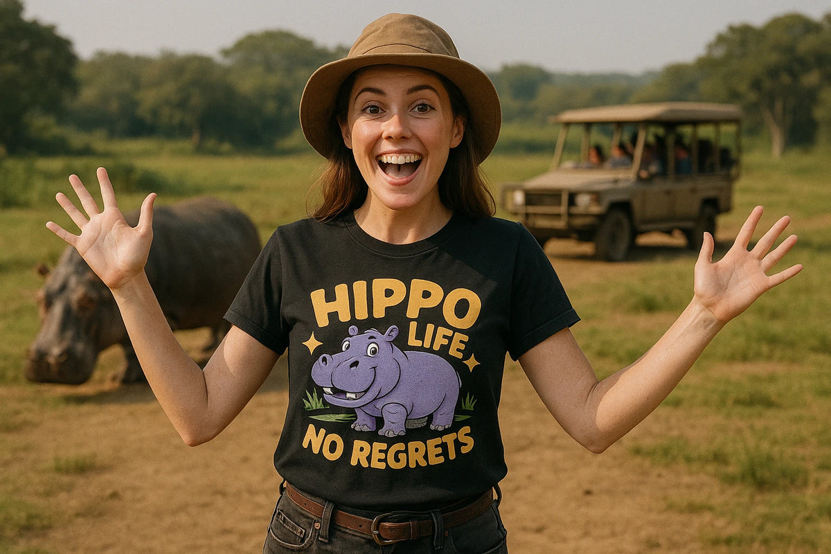 Lifestyle shot of the "Hippo Life No Regrets" black hippo t shirt in a real-world setting