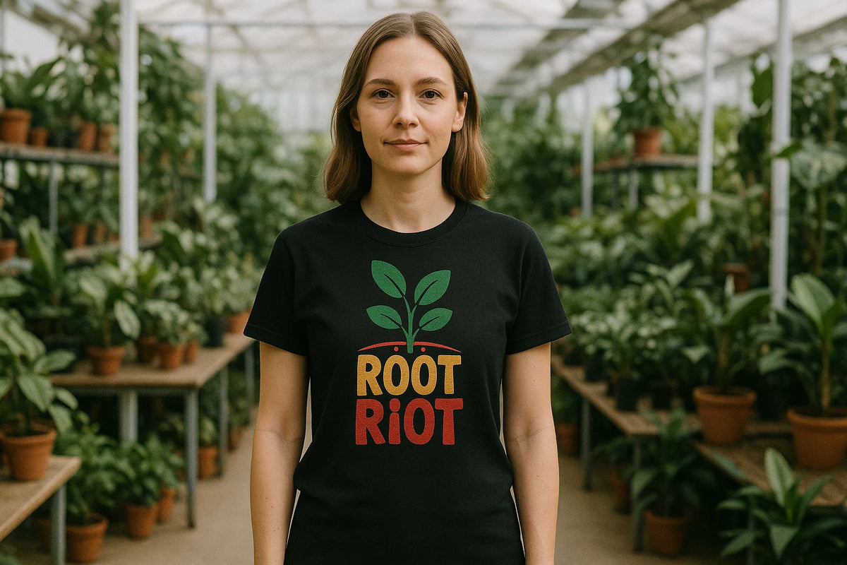 Lifestyle shot of the "Root Riot" black gardening tee shirts in a real-world setting
