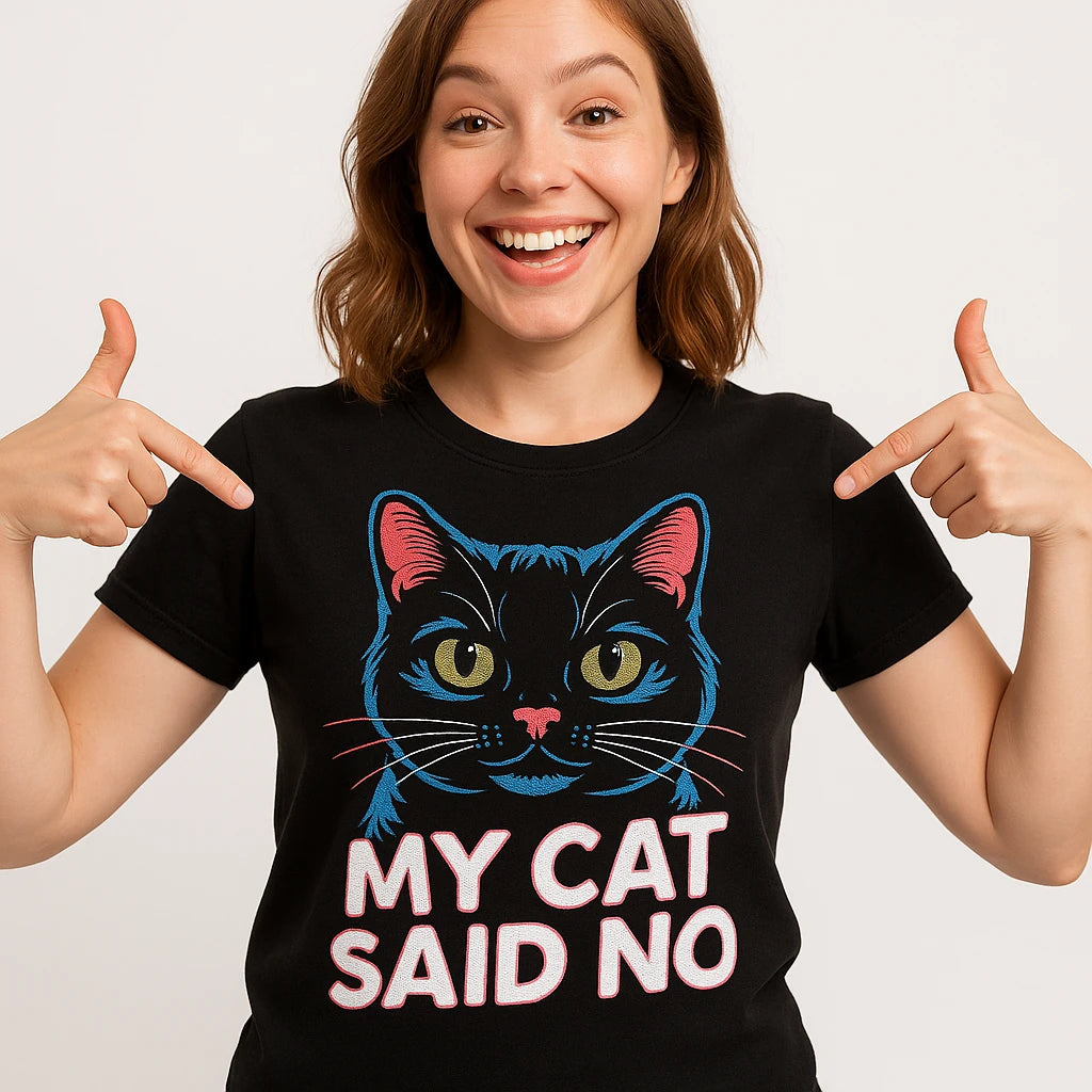 Close-up of the "My Cat Said No" gray print on a premium Bella+Canvas black cat lovers t shirt
