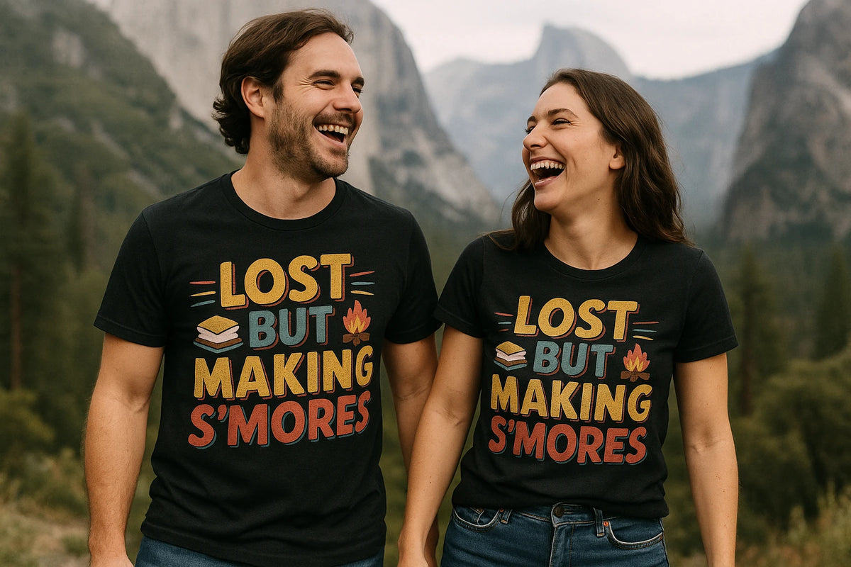 Person wearing the black camp shirts for men graphic tee - "Lost But Making S'Mores" design