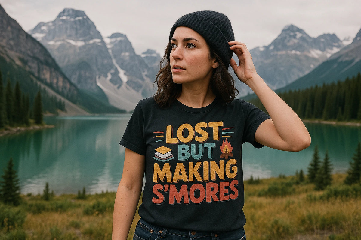 Lifestyle shot of the "Lost But Making S'Mores" black camp shirts for men in a real-world setting