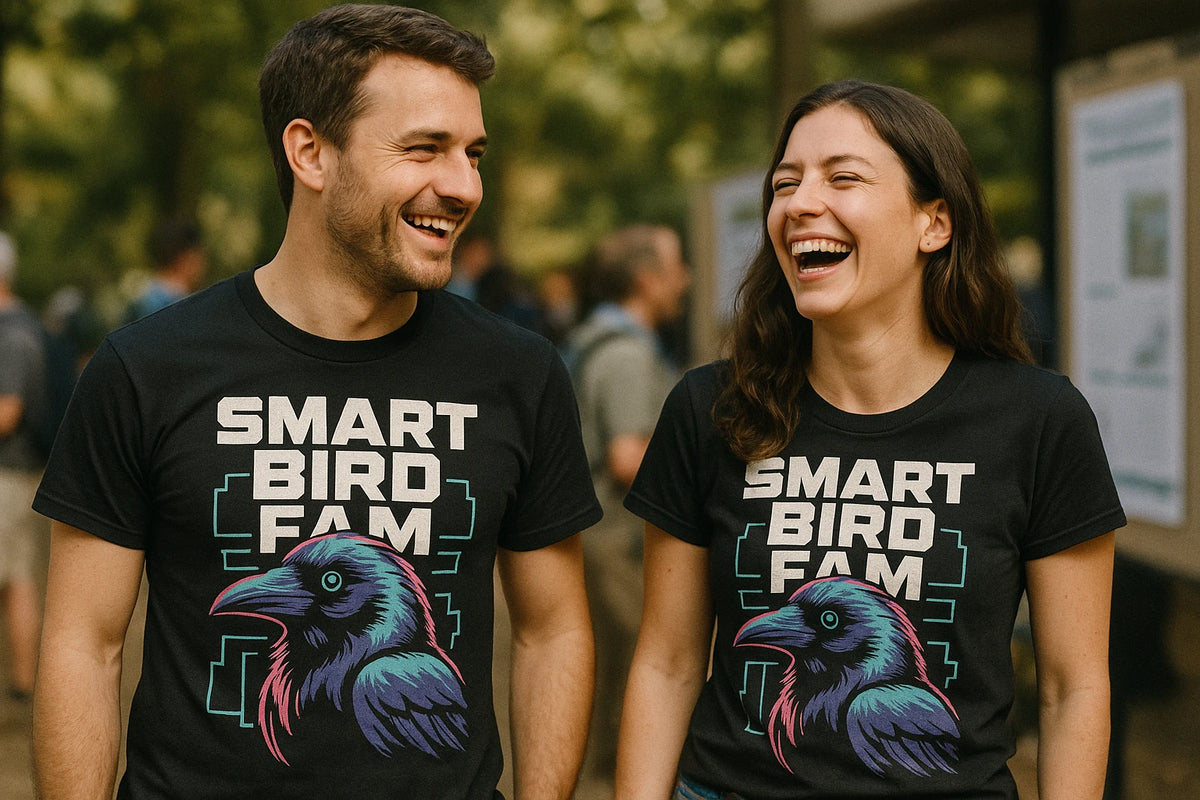 Person wearing the black crow t shirt graphic tee - "Smart Bird Fam" design