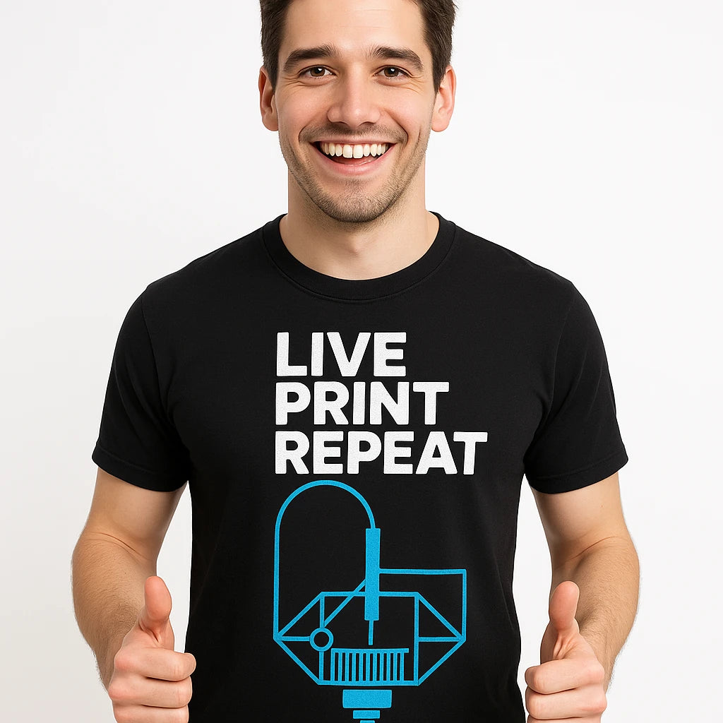 Close-up of the "Live Print Repeat" teal print on a premium Bella+Canvas black 3d printing t shirt