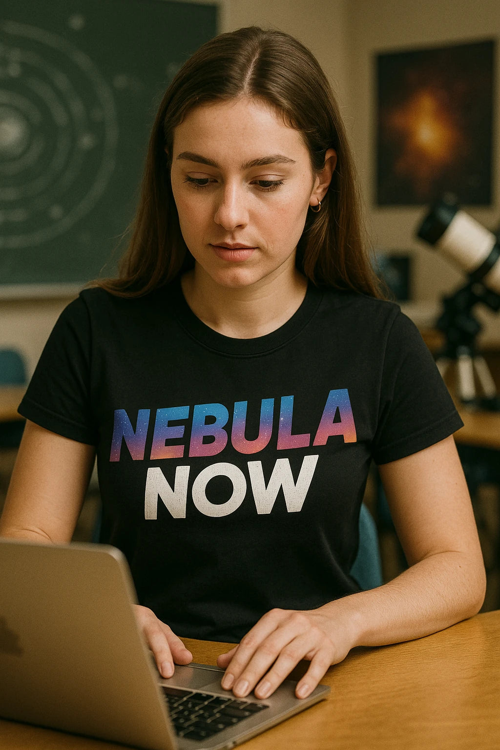 "Nebula Now" black galaxy wolf t shirt - also a galaxy shirt for women