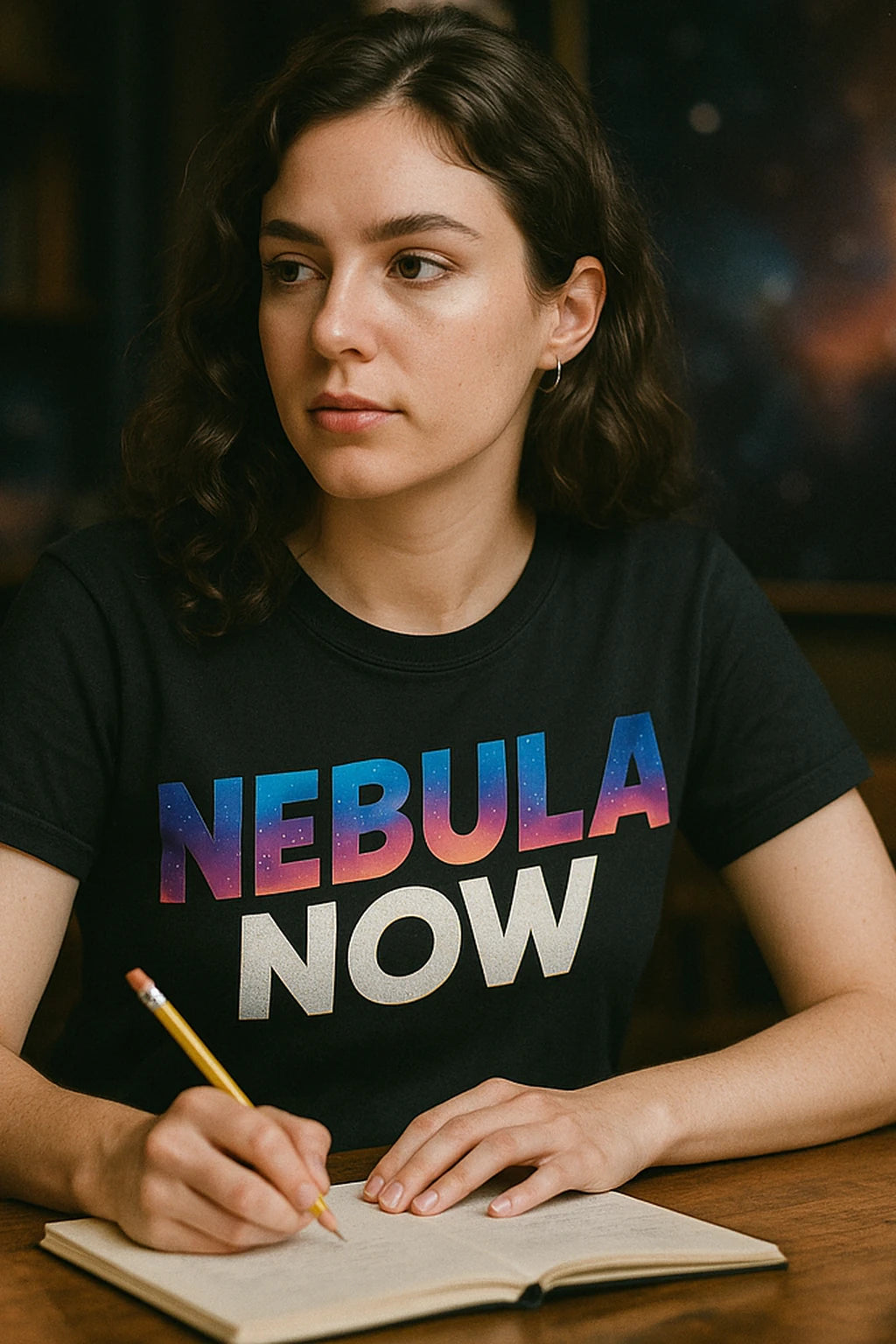 "Nebula Now" black galaxy wolf t shirt, photographed as gifts for galaxy lovers