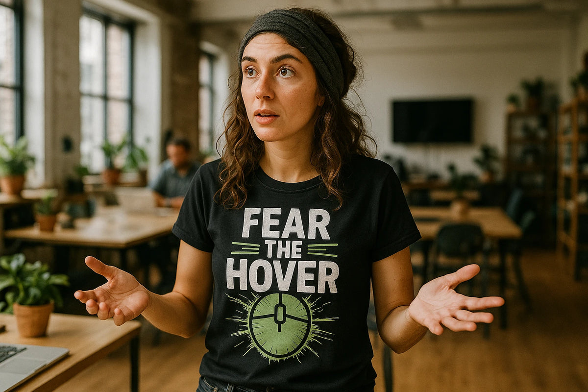 Lifestyle shot of the "Fear the Hover" black ui ux designer t shirt in a real-world setting