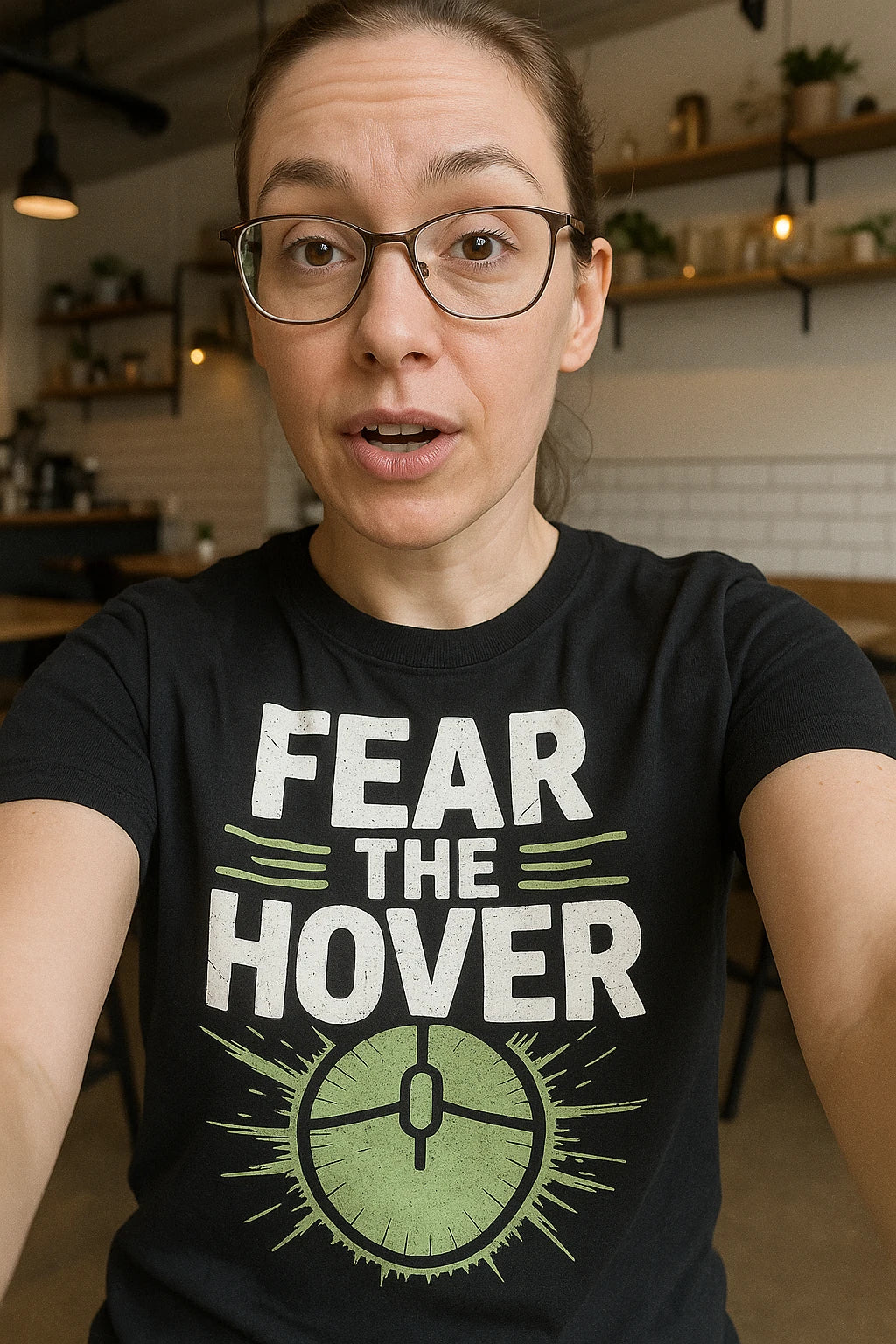 "Fear the Hover" black ui ux designer t shirt, photographed as gifts for ux designers