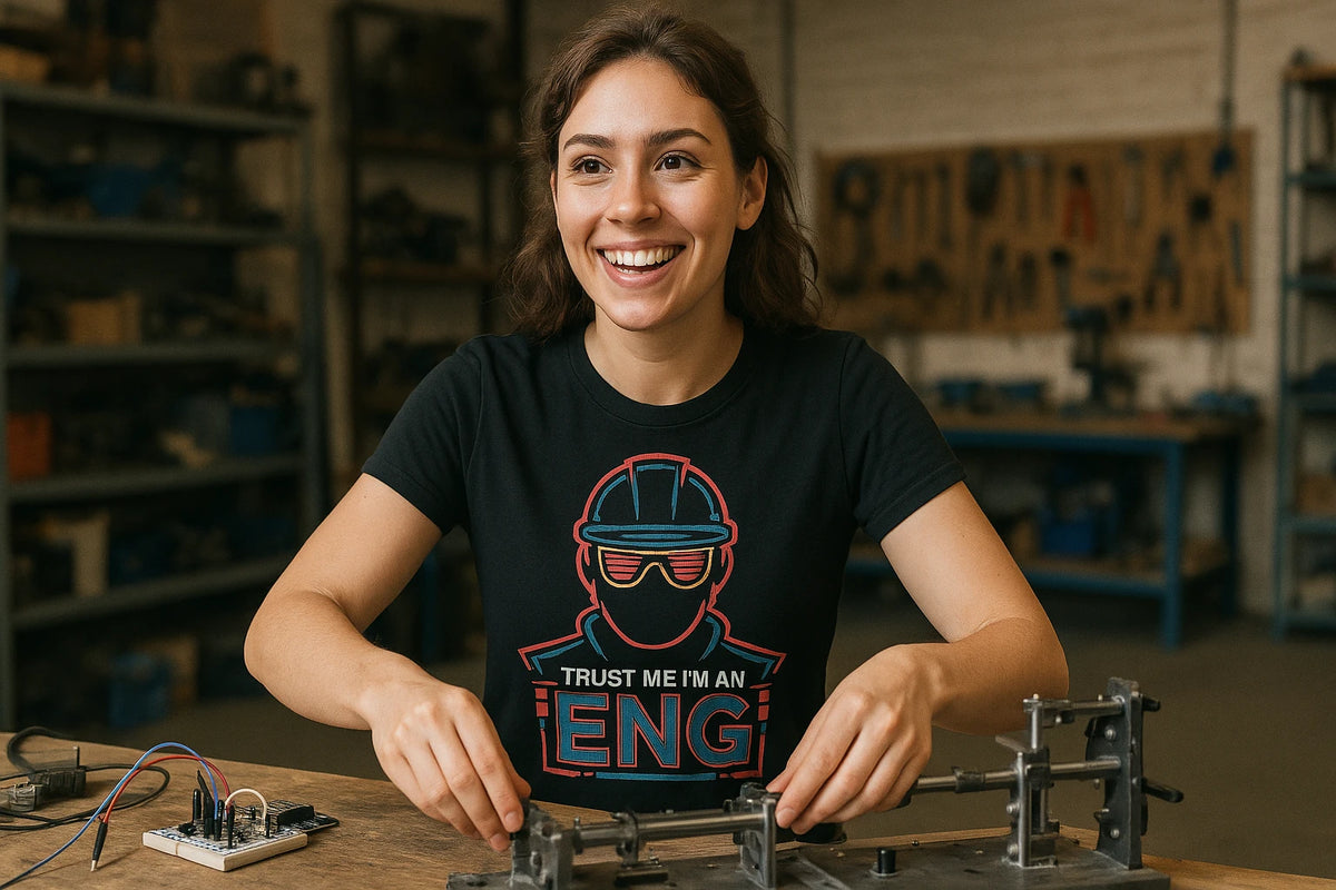 Lifestyle shot of the "Trust Me Im an Eng" black engineer t shirt in a real-world setting