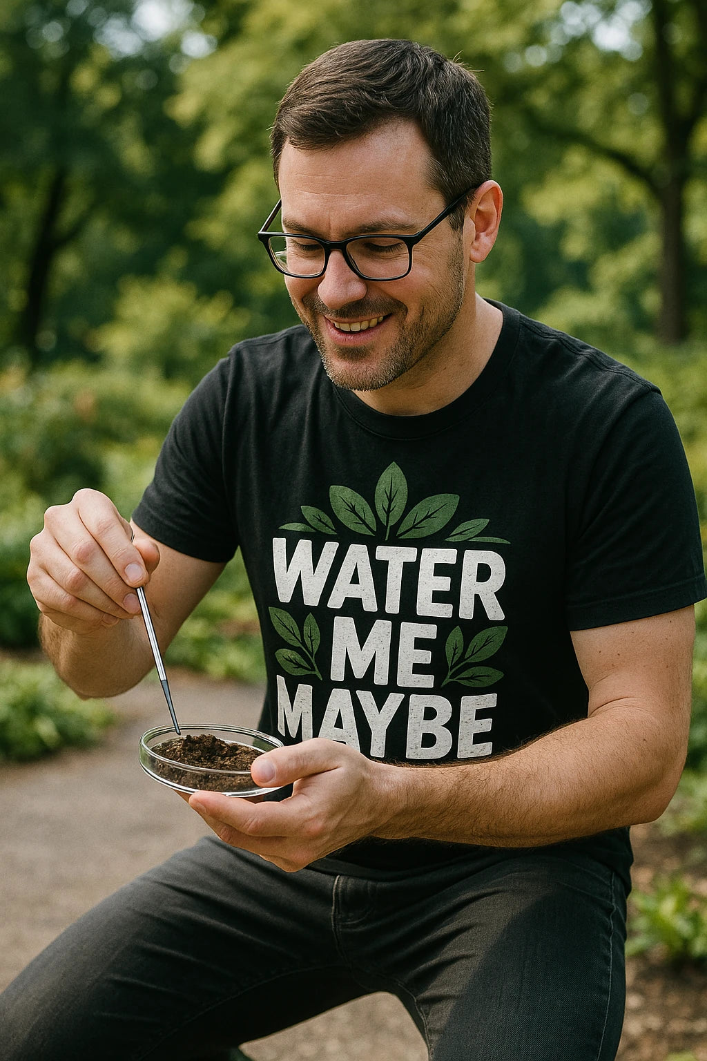 "Water Me Maybe" black botany t shirt, photographed as gifts for botany lovers