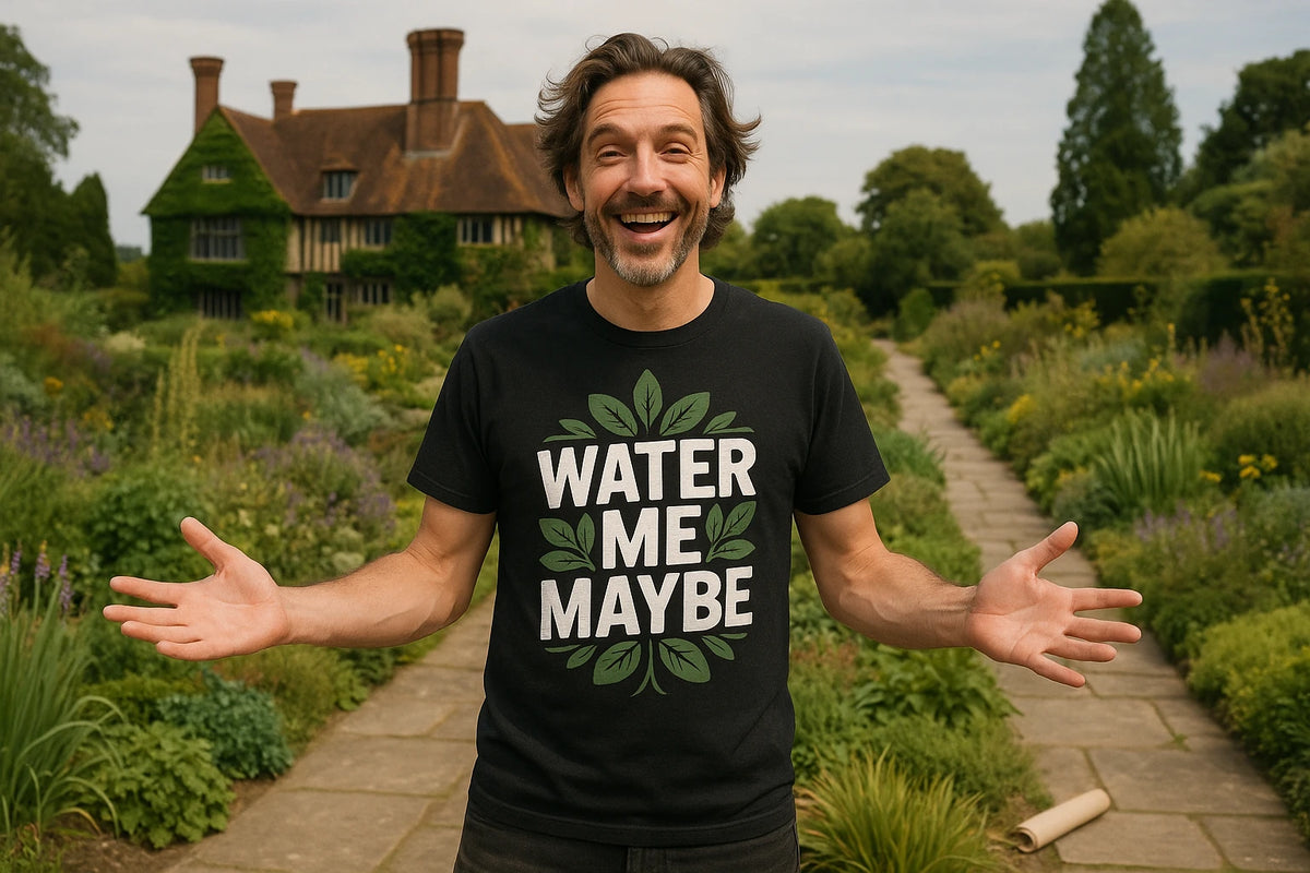 Lifestyle shot of the "Water Me Maybe" black botany t shirt in a real-world setting