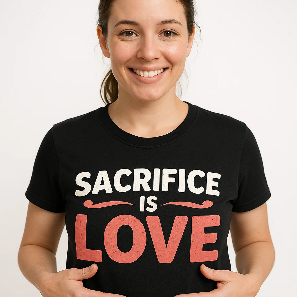Close-up of the "Sacrifice Is Love" orange print on a premium Bella+Canvas black mom life tee