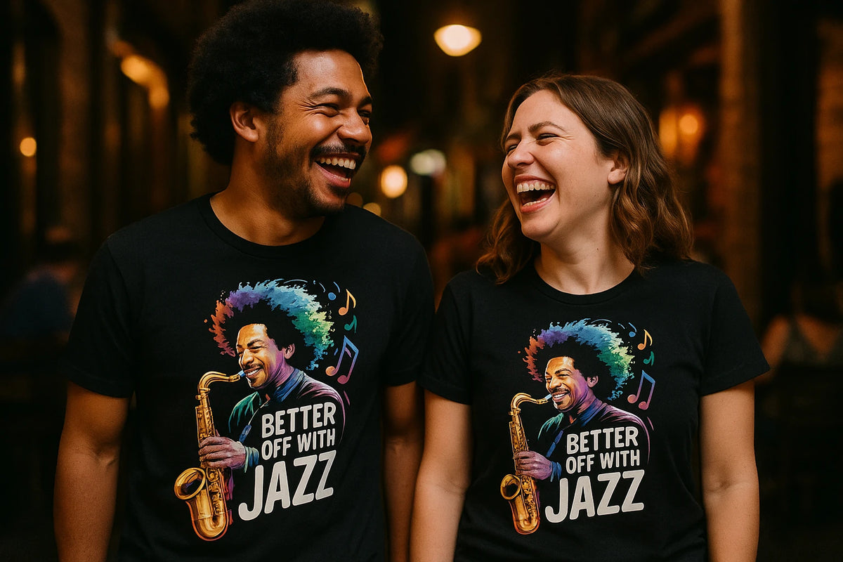 Person wearing the black jazz music t shirt graphic tee - "Better Off With Jazz" design