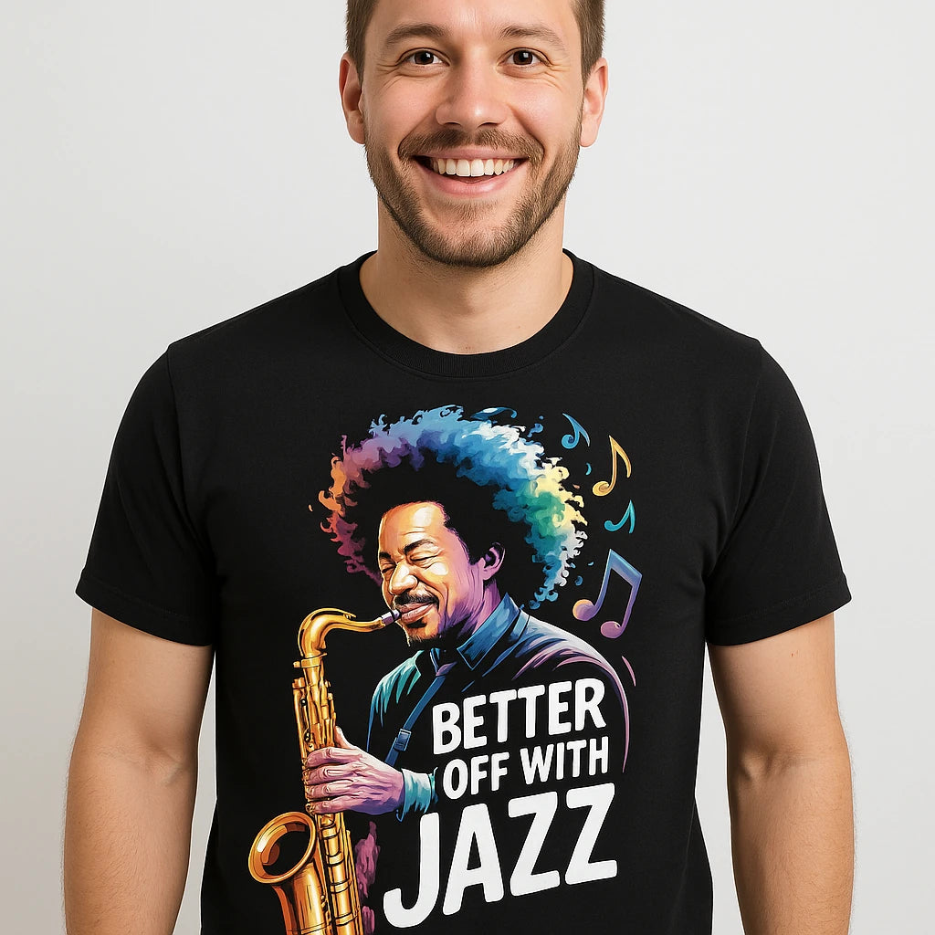 Close-up of the "Better Off With Jazz" gray print on a premium Bella+Canvas black jazz music t shirt